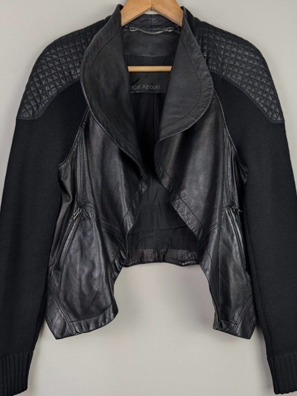 Yigal Azrouel Black Mixed-Media Leather & Knit Draped Jacket